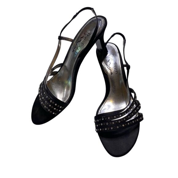 The Touch of Nina Black Satin Rhinestone Slingback Heels Elegant Chic Formal - Picture 1 of 11